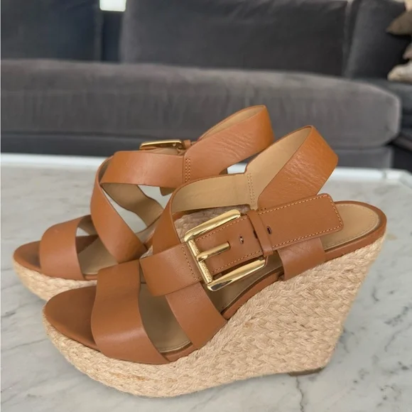 Michael Kors Brown Leather Wedge Sandals with Gold Buckle - Picture 1 of 4